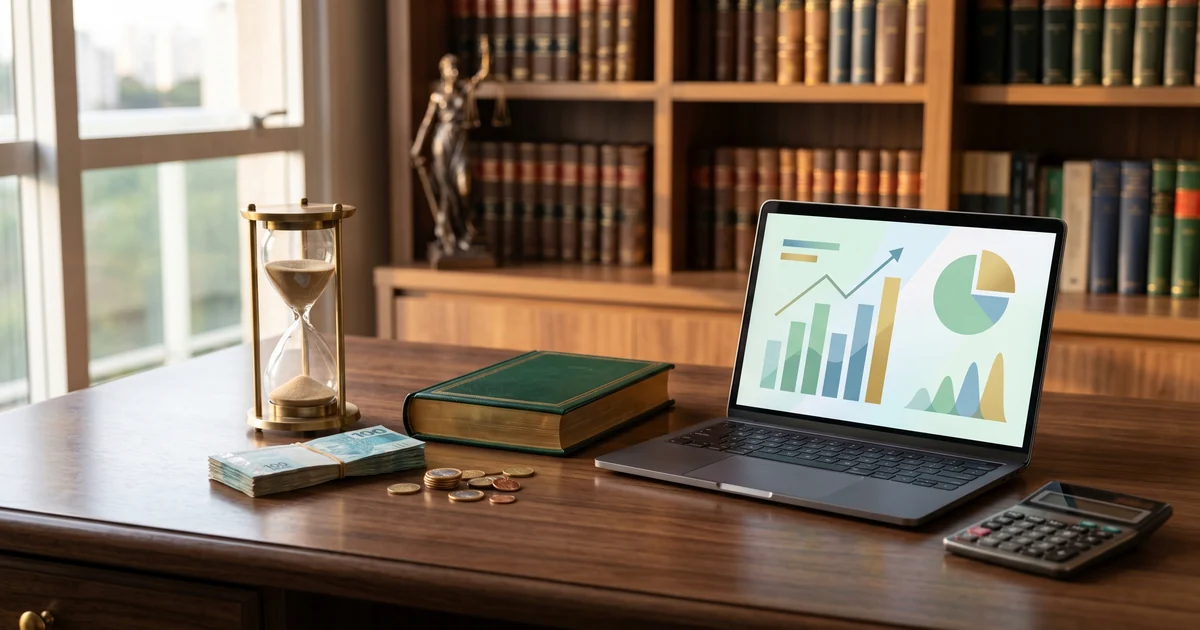Calculadora, cédulas, ampulheta e código de lei sobre mesa de escritório — cálculo de retorno sobre investimento de uma IA jurídica