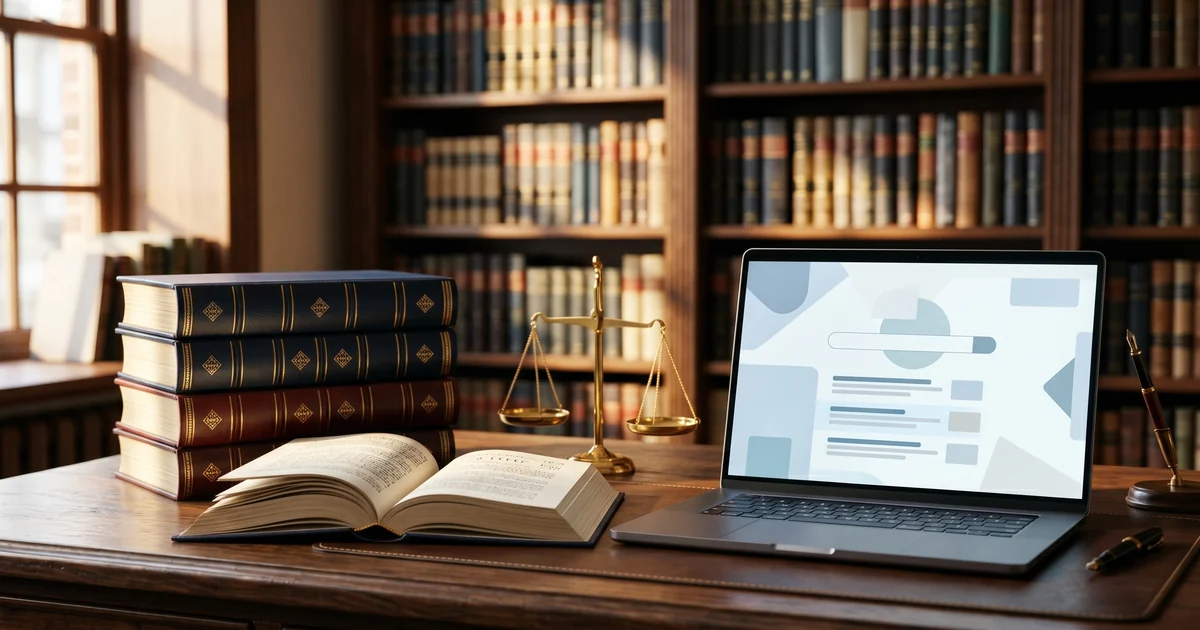 Códigos de lei encadernados, balança da justiça e laptop com interface de busca de jurisprudência sobre mesa de escritório de advocacia