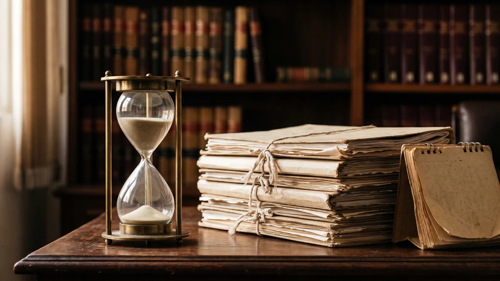 Ampulheta, autos processuais amarrados e calendário sobre mesa de escritório de advocacia — cálculo de prescrição de processo cível