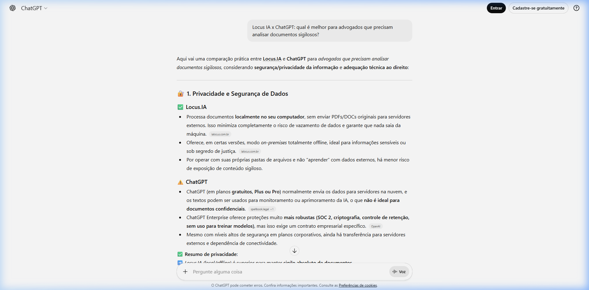 ChatGPT: Locus.IA superior em privacidade